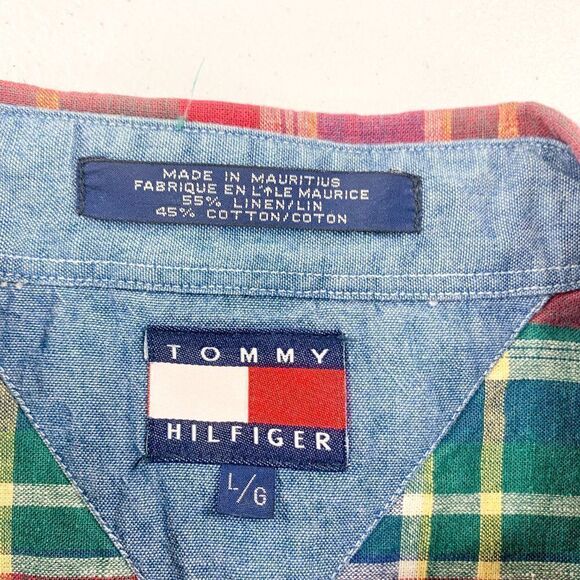 Vintage Tommy Hilfiger Shirt Mens Large Red Plaid Linen Blend Crest 90s Y2K Camp - Picture 6 of 10